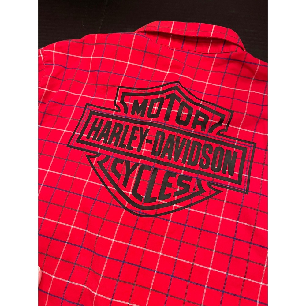 Harley-Davidson Mens XL Red Plaid Short Sleeve Button Up Shirt Bar Shield Logo